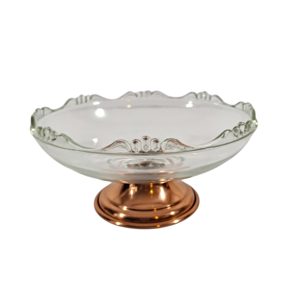 Vintage Princess House Scalloped Glass Candy Nut Dish W/ Removeable Copper Base